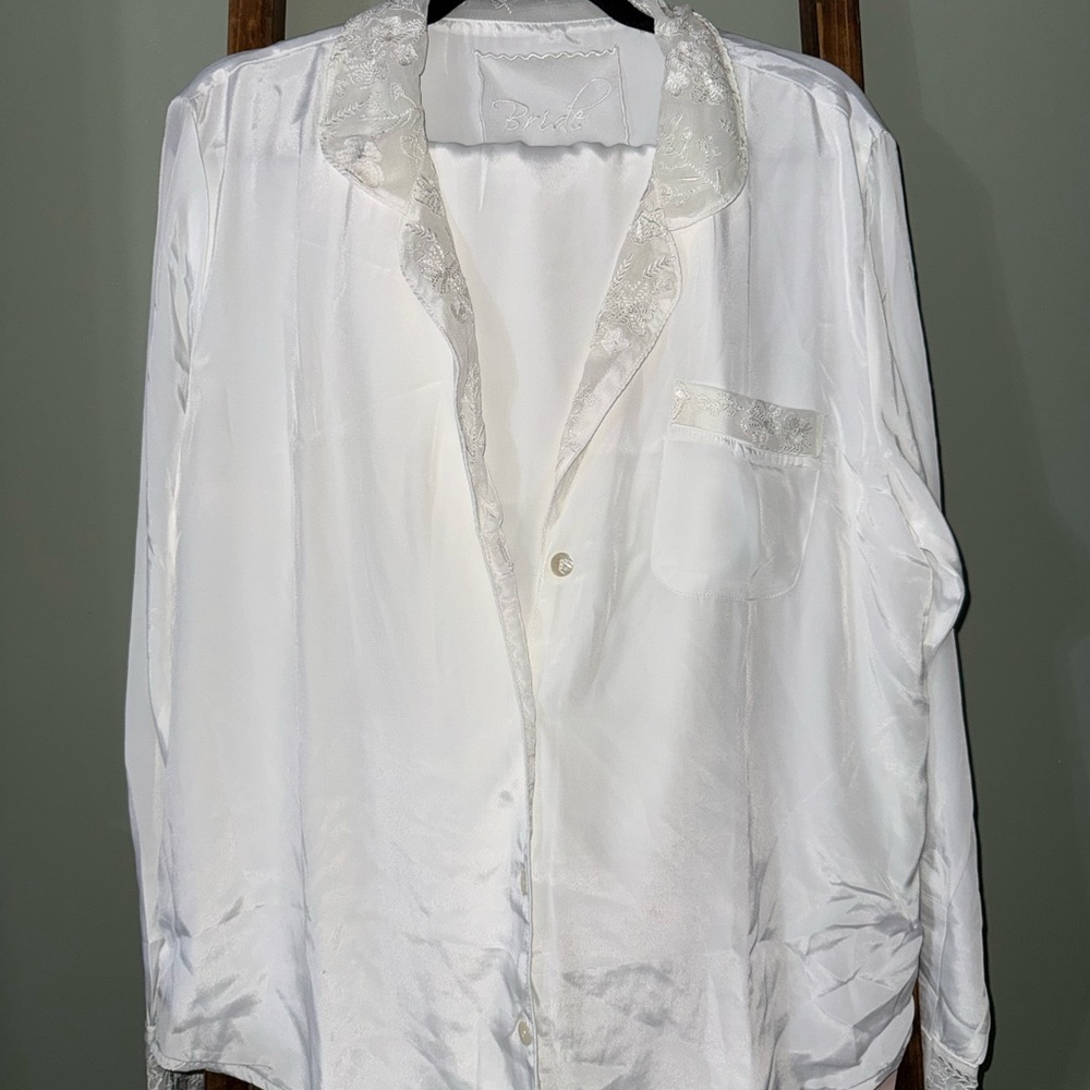 Lace-Trim White Satin Bridal Pajama Set